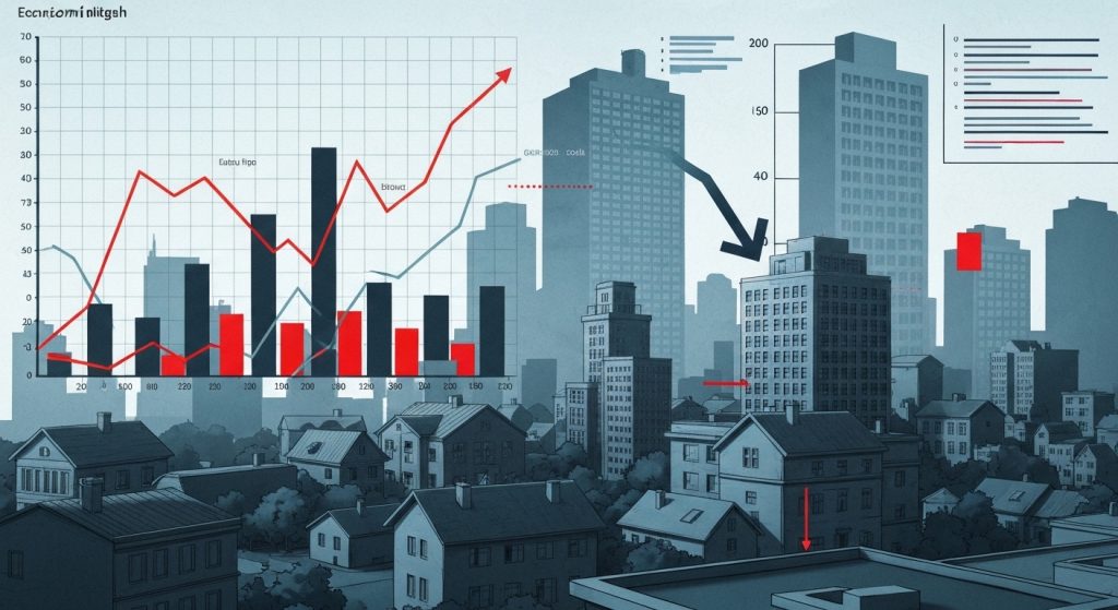 Gráficos de crise econômica sobrepostos a imagens de imóveis, simbolizando o impacto no mercado imobiliário.
