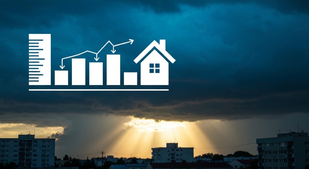 Gráfico de mercado imobiliário em crise com recuperação e casa