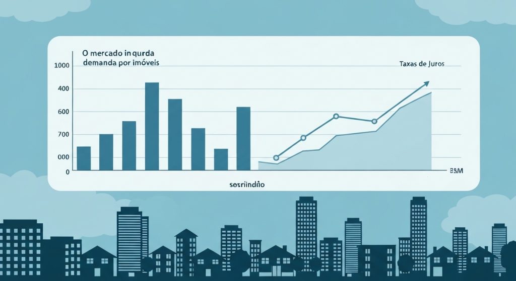 Gráfico de mercado imobiliário com taxas de juros e demanda em cenário de crise econômica