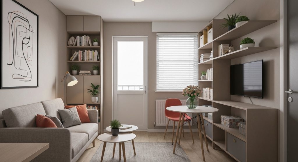 Sala de estar aconchegante e funcional em apartamento pequeno decorado com economia