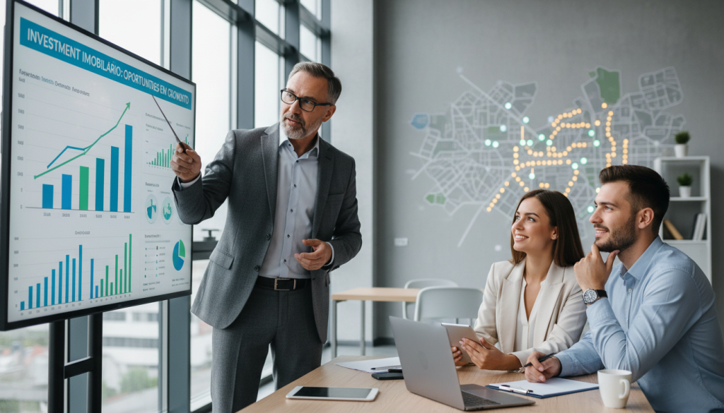 Consultor explicando o mercado imobiliário para um casal