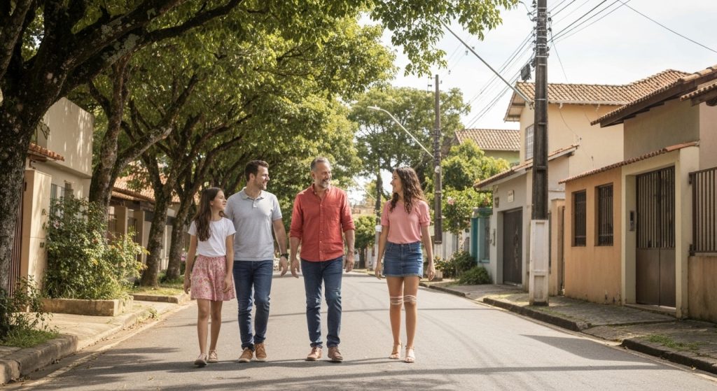 Família escolhendo um bairro com boas escolas e infraestrutura para criar filhos.