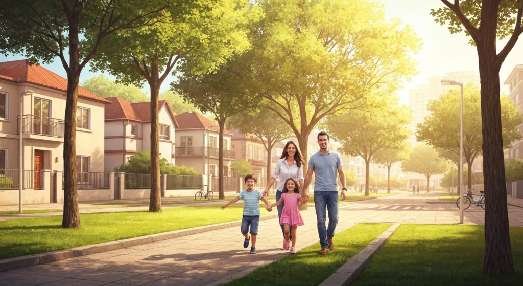 Família desfrutando de um parque em um bairro seguro e com lazer para crianças.
