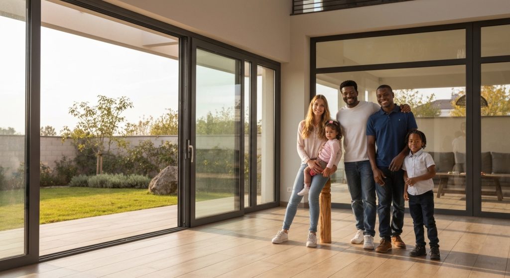 Família brincando no quintal de casa, simbolizando o imóvel ideal para crianças.