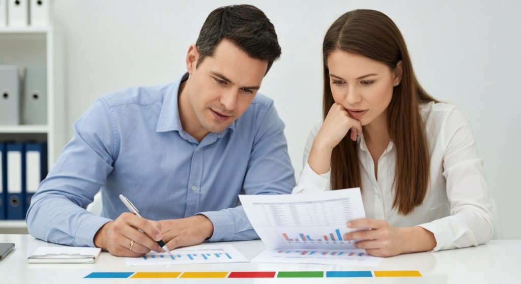 Casal analisando documentos de financiamento com atenção.