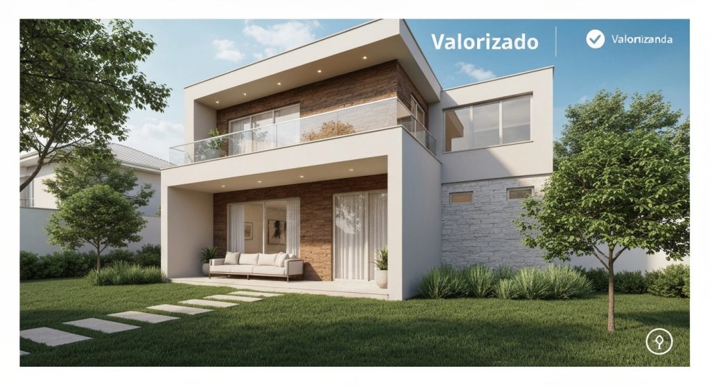 Casa moderna com jardim bem cuidado e sinal de valorização