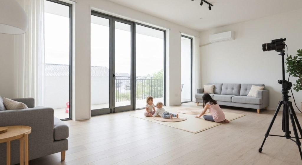 Família desfrutando de um apartamento seguro com crianças