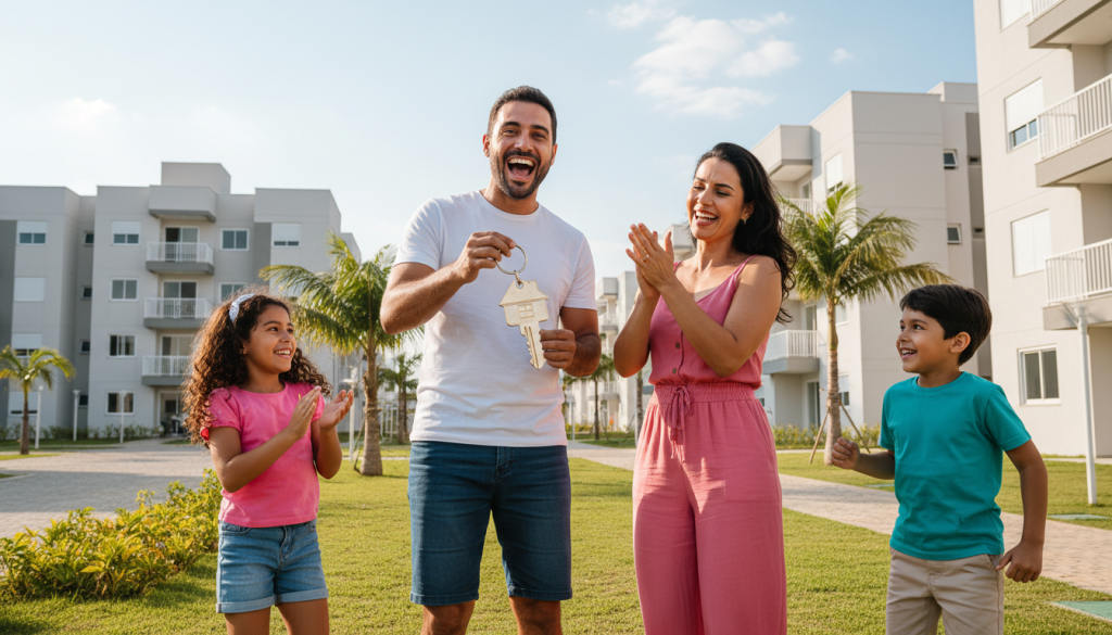 Família feliz recebe chaves de casa nova pelo programa Minha Casa Minha Vida.