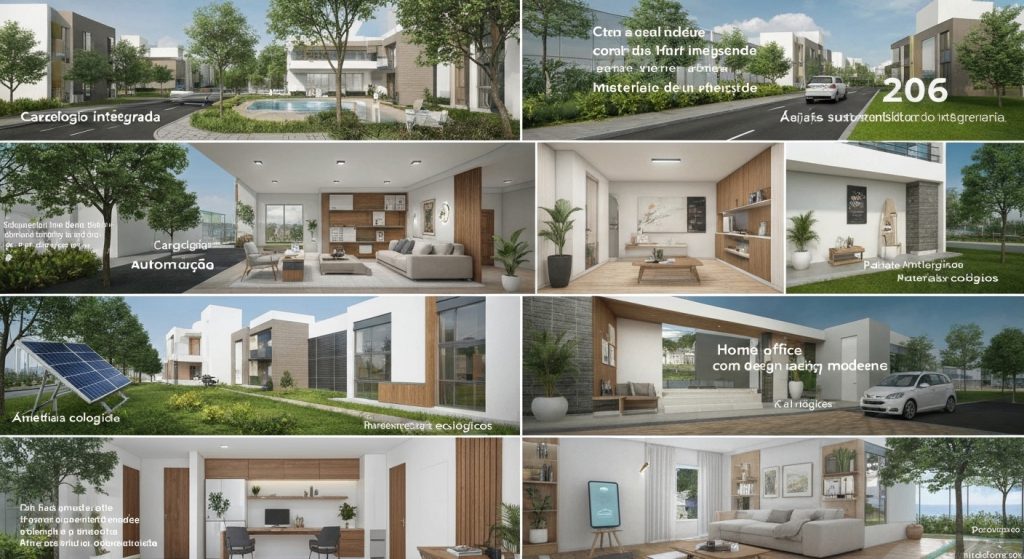Representação futurista de um imóvel integrado com tecnologia, sustentabilidade e espaços multifuncionais.