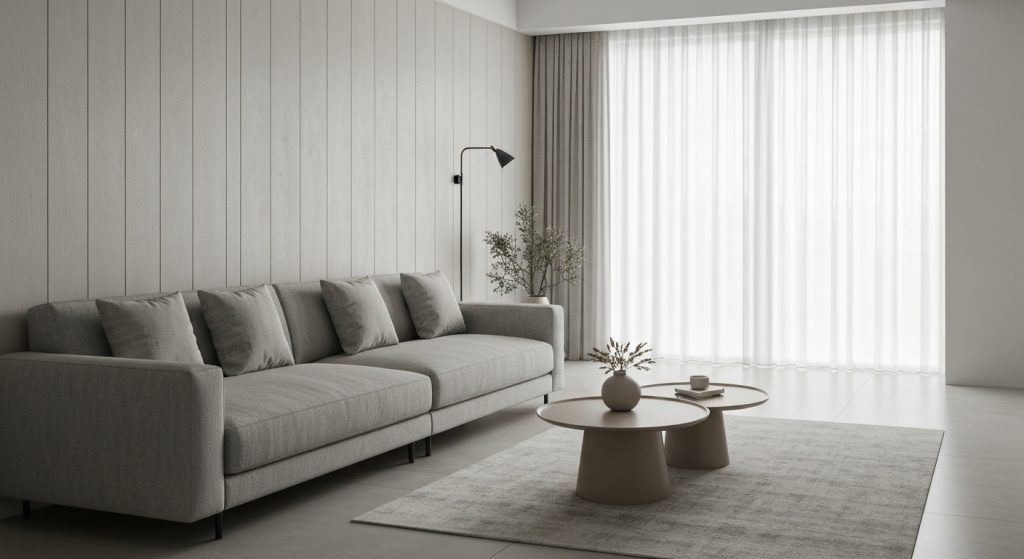 Sala de estar moderna e compacta otimizada para aproveitar ao máximo o espaço.