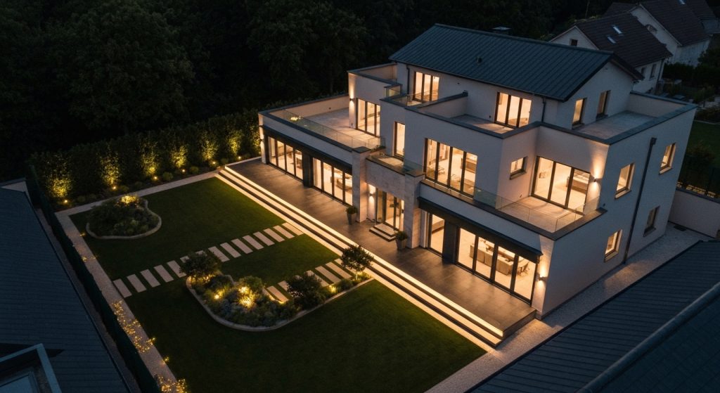 Casa moderna com paisagismo bem cuidado e iluminação convidativa, pronta para venda.