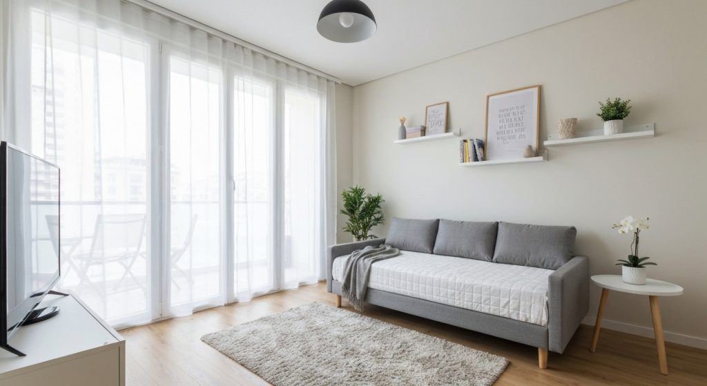 Apartamento pequeno mobiliado de forma inteligente e econômica, com soluções de otimização de espaço.