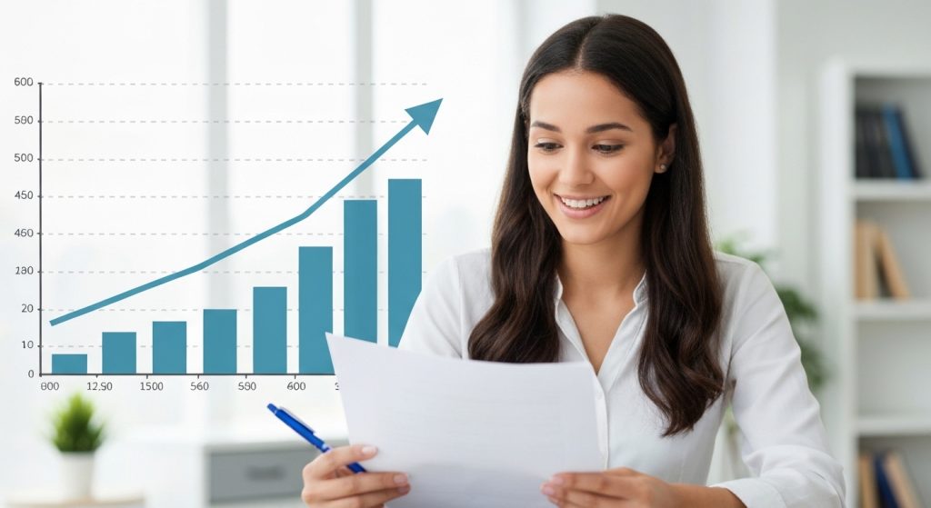 Comprador feliz analisando proposta de imóvel com bom preço.