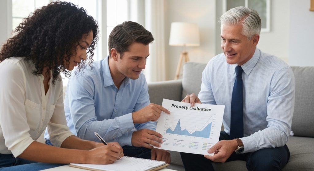 Especialista explicando a avaliação de preço de imóvel para um casal