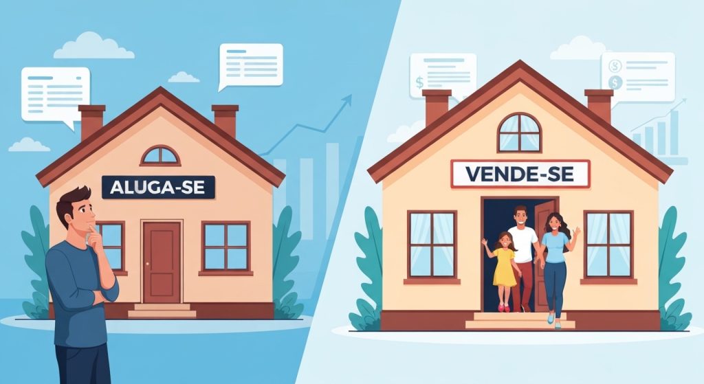 Comparativo entre alugar e comprar um imóvel, com foco nas vantagens financeiras e patrimoniais de cada opção.