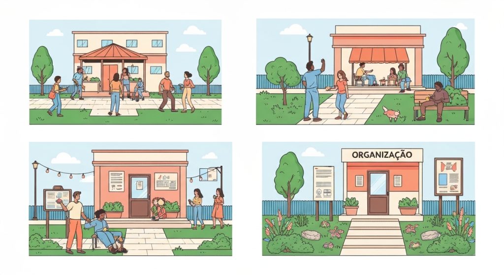 Moradores interagindo pacificamente em um condomínio com regras claras
