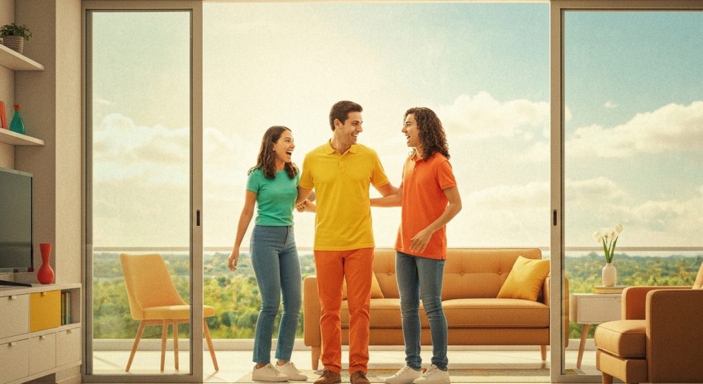 Família brasileira celebra a compra de imóvel em 2026 com cenário otimista.