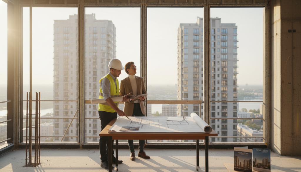Casal admirando a vista de apartamento na planta com arquiteto.