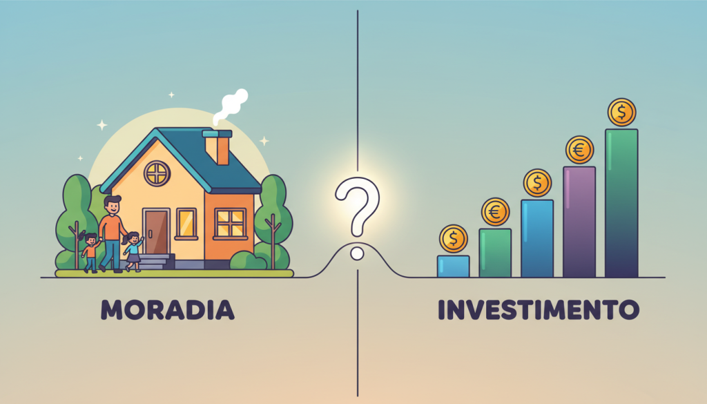 Ilustração comparando comprar imóvel para morar vs. investir em imóveis