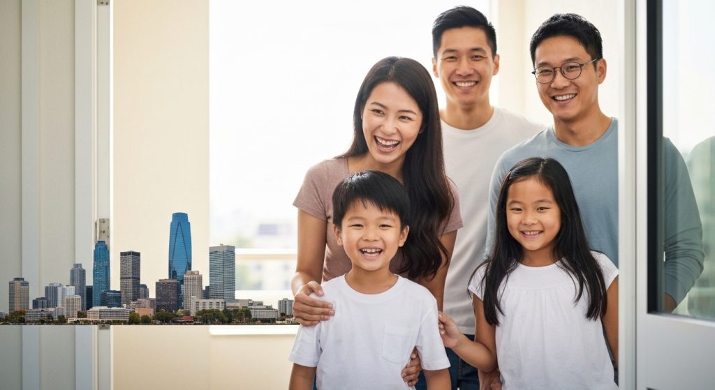 Família feliz recebendo chaves de sua nova casa em 2026.