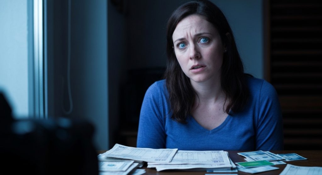 Pessoa preocupada com contas e dívidas sem planejamento financeiro