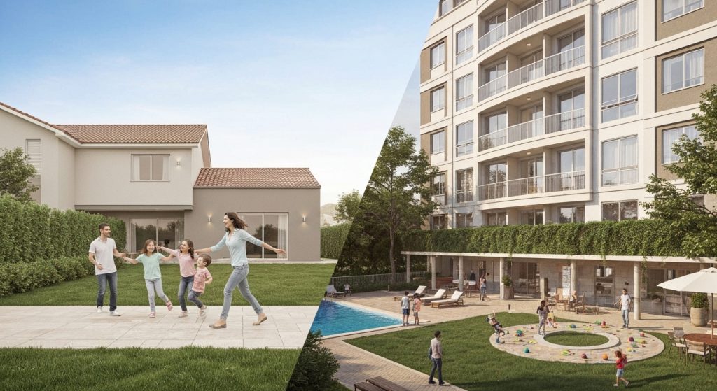 Comparativo visual entre um condomínio clube com diversas áreas de lazer e uma casa tradicional com espaço ao ar livre.