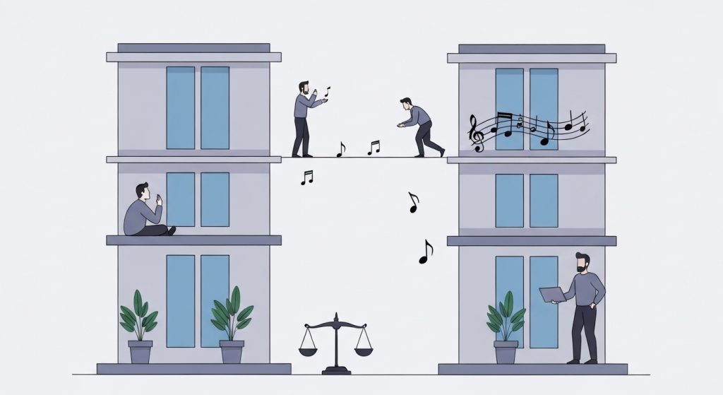 Ilustração de conflito entre vizinhos em condomínio com foco em direitos e deveres