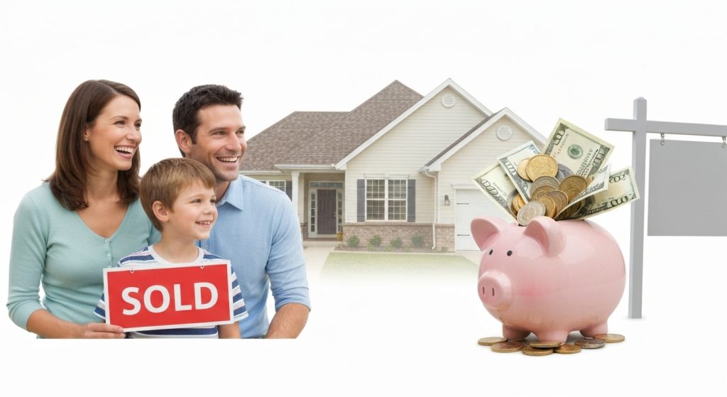 Família feliz em frente à casa própria com reserva financeira