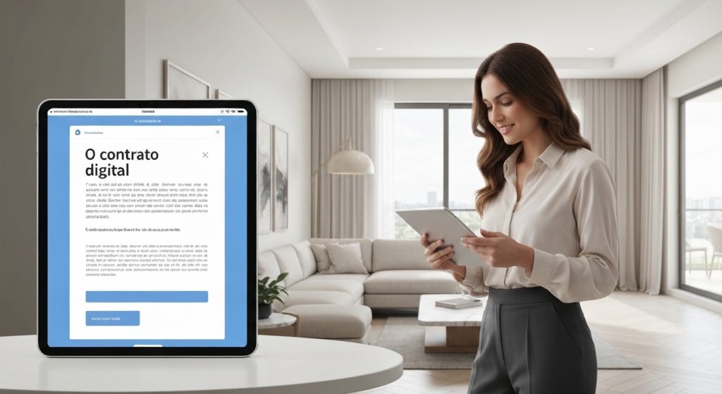 Assinatura de contrato de aluguel por temporada com imóvel ao fundo