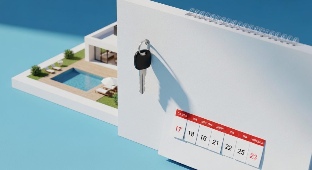 Ilustração de um contrato de aluguel por temporada com chave e miniatura de casa