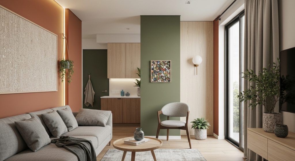 Sala de estar moderna com tendências de decoração de 2026 em cores terrosas e materiais naturais.