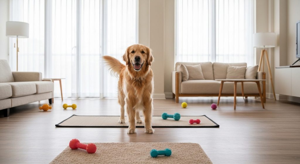 Golden retriever brincando em apartamento