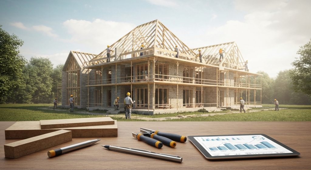 Casa em construção com planta baixa e custos visíveis