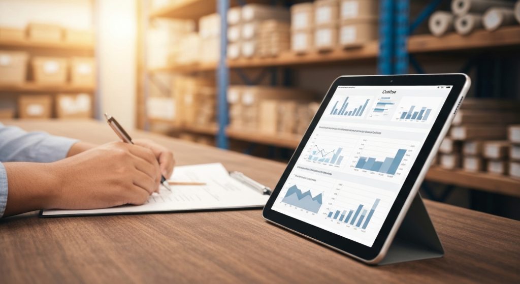 Canteiro de obras moderno em 2026, com foco em custos e planejamento digital.