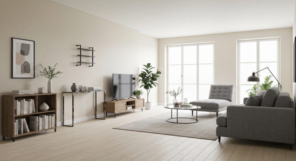 Sala de estar moderna e aconchegante com móveis novos.