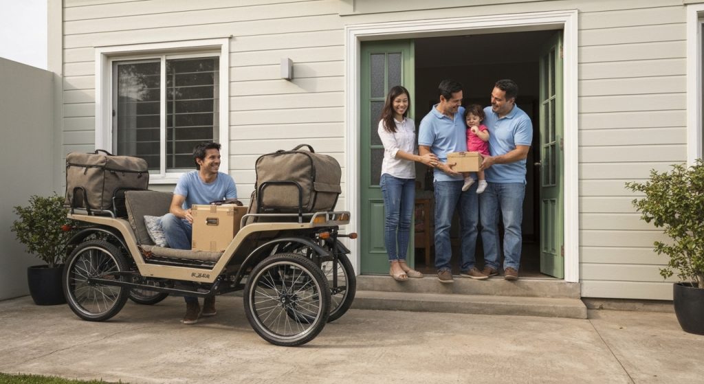 Família feliz descarregando caixas em frente à nova casa após mudança