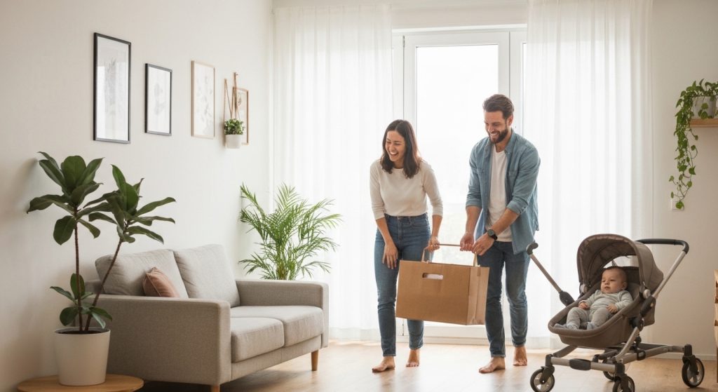 Família feliz em sua nova casa após uma mudança bem-sucedida.