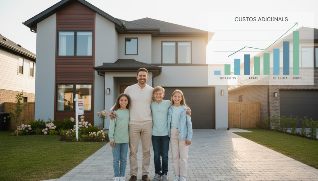 Família feliz em frente à casa nova com planejamento financeiro