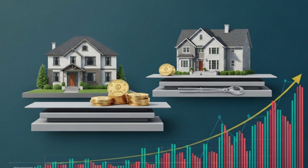 Balança comparando custos de imóvel novo e usado a longo prazo