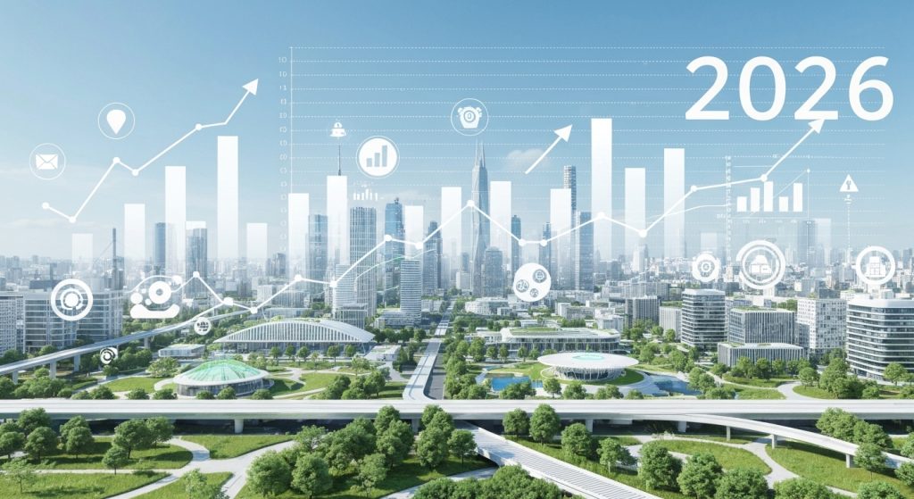 Gráficos de valorização imobiliária e dados sobrepostos a um cenário urbano futurista