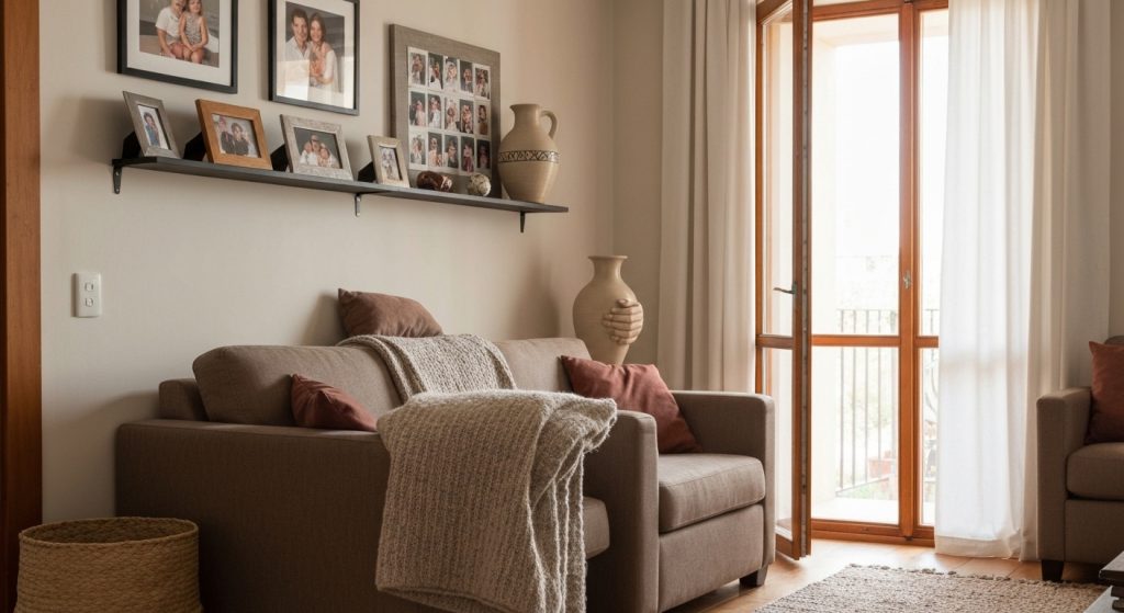 Sala de estar aconchegante com decoração afetiva, exibindo objetos pessoais e memórias.