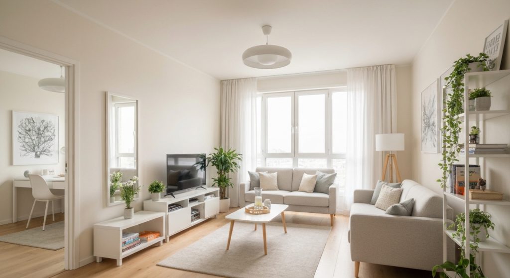 Apartamento pequeno decorado de forma inteligente com móveis multifuncionais e iluminação aconchegante