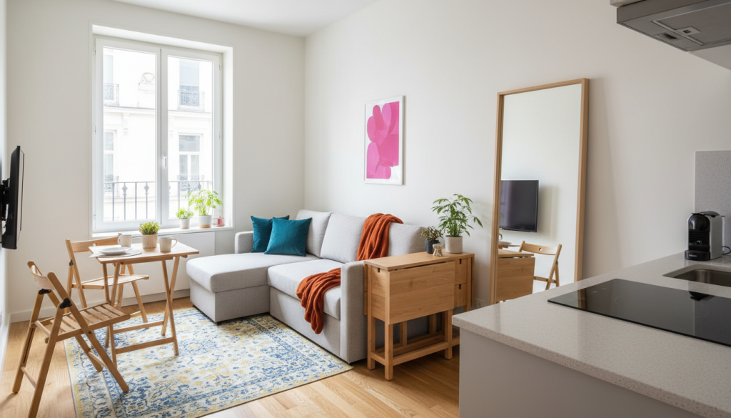 Apartamento pequeno decorado de forma inteligente com móveis compactos e iluminação estratégica.