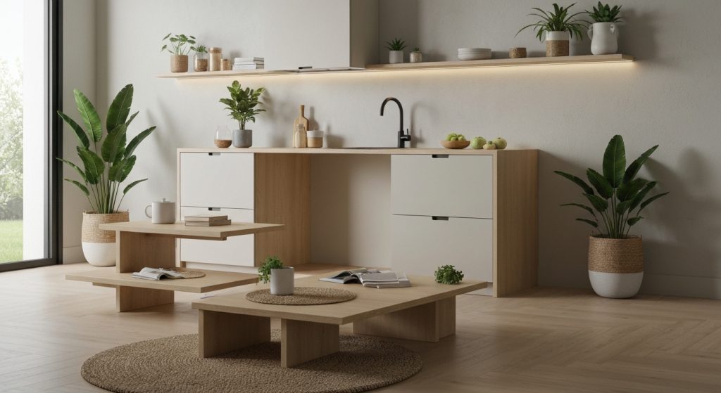 Apartamento moderno com decoração integrada de tecnologia e sustentabilidade.