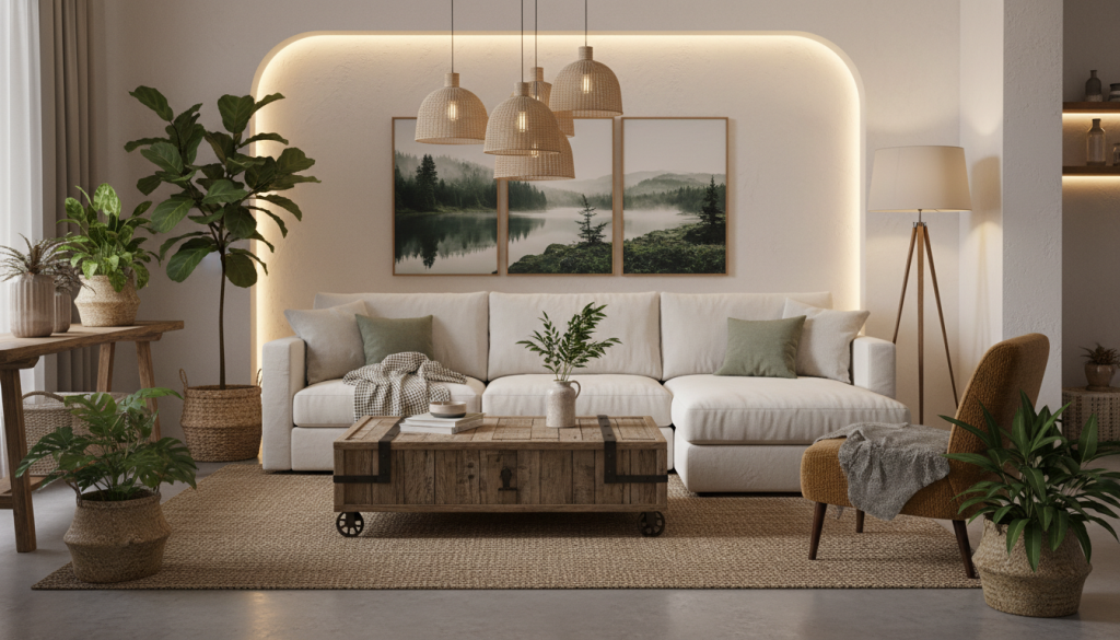 Sala de estar aconchegante com decoração que prioriza o conforto e a funcionalidade, integrando elementos naturais.