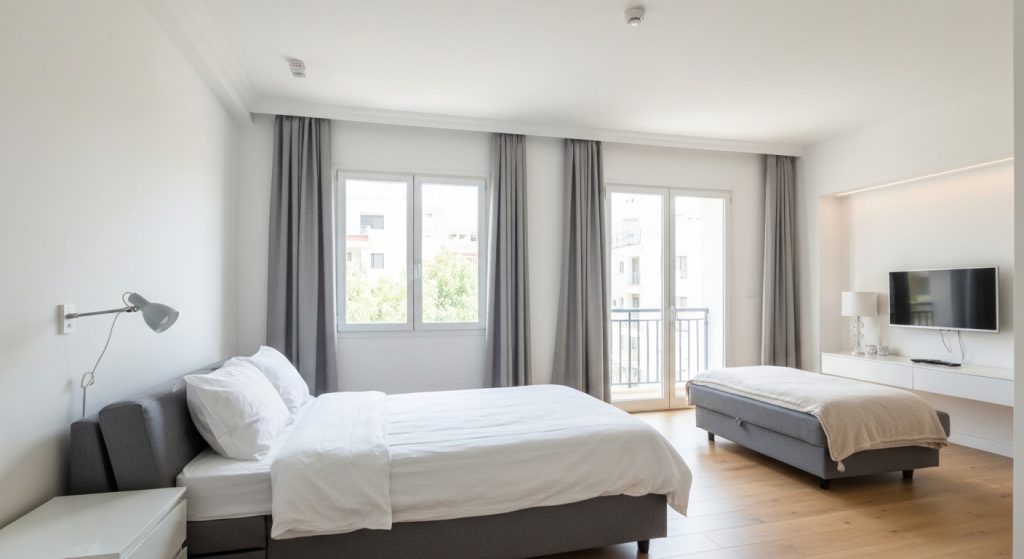 Apartamento pequeno decorado com móveis multifuncionais e cores claras para maximizar o espaço.