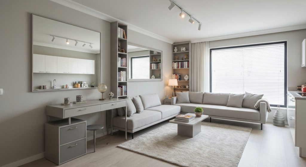 Sala de estar de apartamento pequeno decorada com foco em amplitude