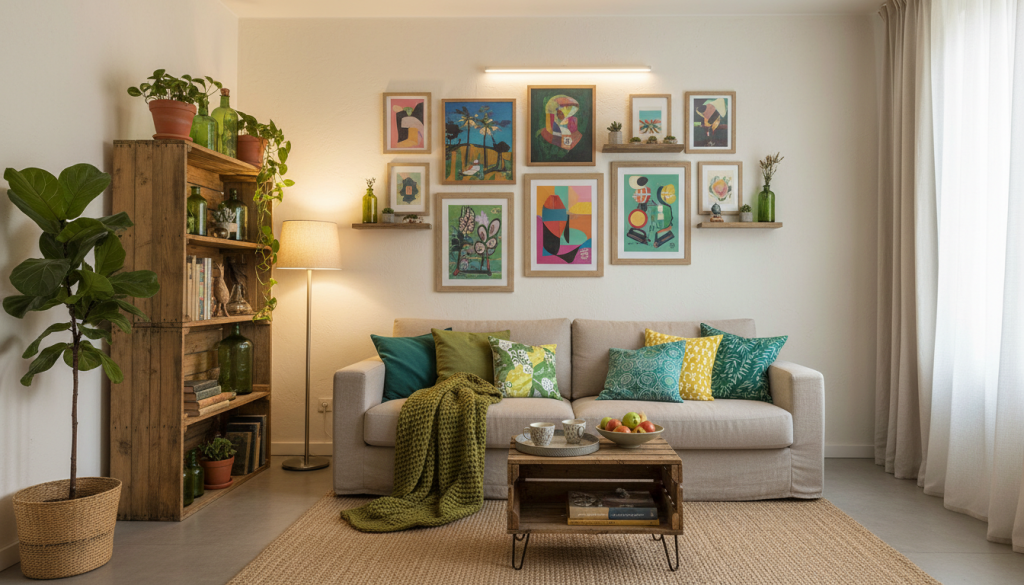 Sala de estar decorada de forma acessível e com estilo.