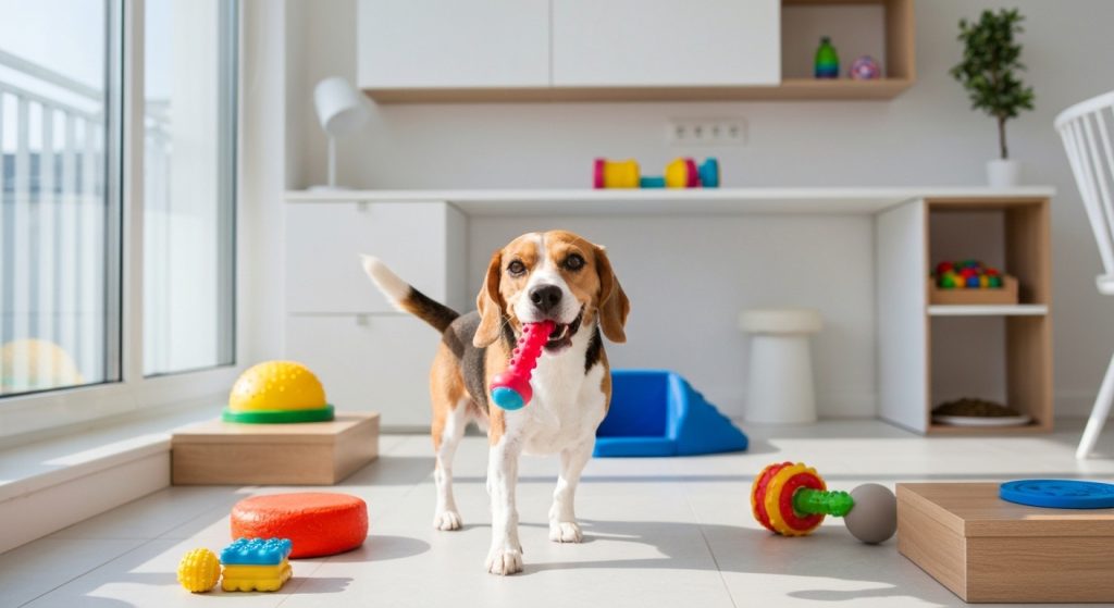 Cachorro beagle brincando em um apartamento