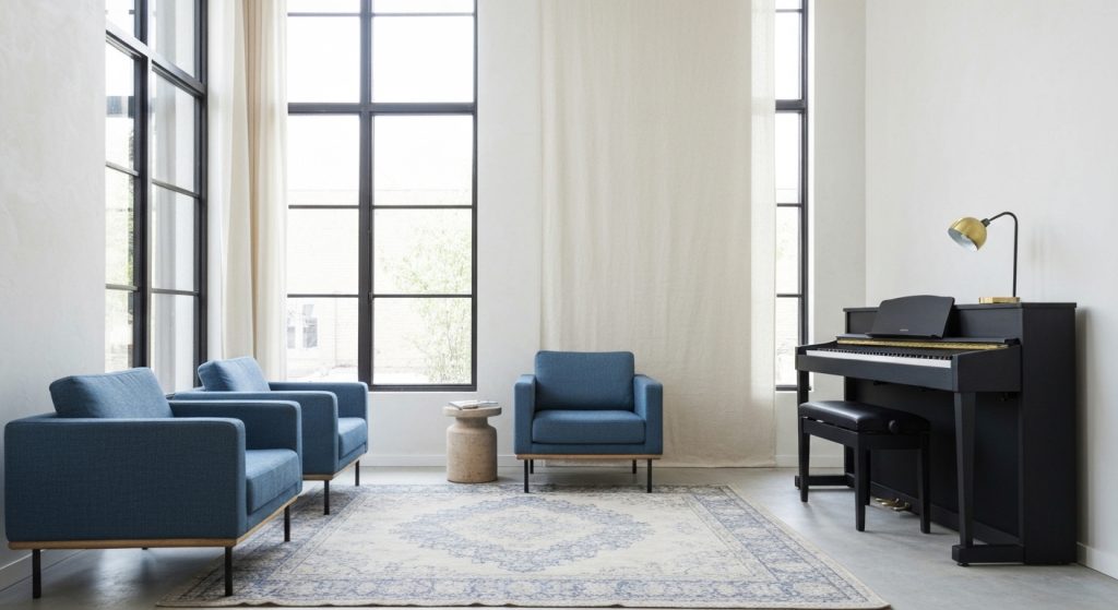 Sala de estar com tecnologia de casa inteligente integrada